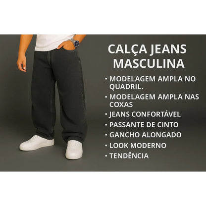 Calça Balão Jeans Masculina Bag Boca Larga Streetwear Reta
